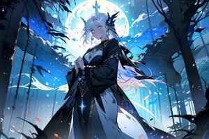 A serene forest glade bathed in soft lunar light. Aria, a mystical sorceress, stands before an ancient glowing tree, her silver hair flowing like a river of night sky. She extends a hand, palm upwards, to harness celestial forces. The black robe with silver constellations adorns her slender figure, while the moonstone necklace glows softly. In the foreground, a curious boyfriend and girlfriend, their faces aglow with wonder, approach Aria, hands clasped together in anticipation of the mystical encounter. Framing shot: Medium-wide angle, capturing the enchanting atmosphere and mystical energy surrounding Aria.