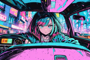 inside car view, futuremadness of woman warrior wearing cyberpunk style clothes, drive a mustang in the city., retro 90s style.