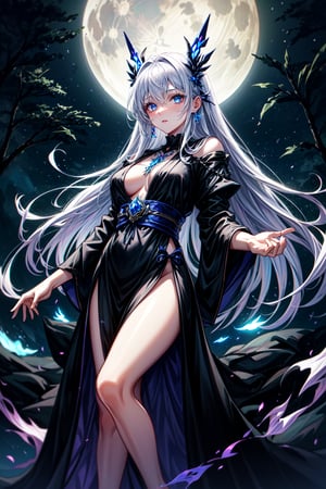 In a mystical forest bathed in soft, lunar light, Aria stands before a glowing ancient tree, her long silver hair cascading like a river of night sky. Her piercing blue eyes gleam with wisdom as she extends a hand, palm upwards, to harness the celestial forces. The black robe with silver constellations adorns her slender figure, while the moonstone necklace glows softly, amplifying her connection to the magical energies surrounding her.