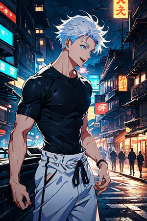 1 boy, edge light, Gojo Satoru, powerful sorcerer, tight black t-shirt, loose white pants, bright blue eyes, white hair, happy, city background, Jujutsu Kaisen, mix of fantasy and realism, special effects, fantasy, ultra HD, HDR, 4K,Retro