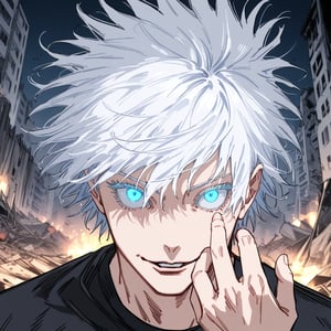 masterpiece, best quality, highly detailed, absurd, 1 child, rim lighting, Gojo Satoru, powerful sorcerer, tight black t-shirt, bright blue eyes, white hair, hair over one eye, standing, looking at viewer, constricted pupils, smile, portrait, parted lips, close-up, focus on face, hand sign, hand in front of face, destroyed buildings, night