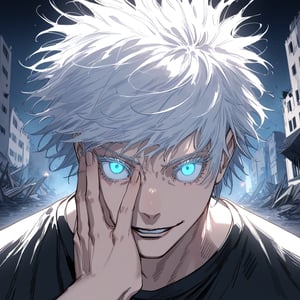 masterpiece, best quality, highly detailed, absurd, 1 child, rim lighting, Gojo Satoru, powerful sorcerer, tight black t-shirt, bright blue eyes, white hair, hair over one eye, standing, looking at viewer, constricted pupils, smile, portrait, parted lips, close-up, focus on face, hand sign, hand in front of face, destroyed buildings, night