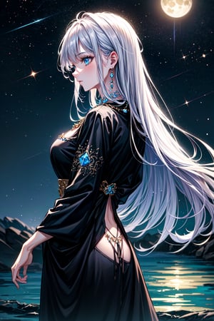 Against a backdrop of starry night sky, Aria stands tall, her long silver hair cascading down her back like a river of moonlight. Her deep blue eyes, piercing and wise, seem to hold secrets of the cosmos. She dons a flowing black robe adorned with intricate silver embroidery resembling constellations, her magic coursing through the threads. Around her neck, a delicate necklace featuring a moonstone pendant glows softly, amplifying her connection to mystical forces.