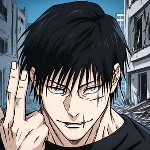 Source_anime, Rating_questionnable, Score_9, score_8_up, score_7_up, score_6_up, score_5_up, score_4_up, 1boy, solo ,t0j1, black hair, huge muscles, short hair, scar, fringe, black eyes, scar on face, muscular, black t-shirt, white pants, outdoors, city,looking at viewer, narrowed pupils, smile, portrait, parted lips, close-up, focus on face, hand signal, hand in front of face, destroyed buildings, night