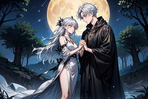 A serene forest glade bathed in soft lunar light. Aria, a mystical sorceress, stands before an ancient glowing tree, her silver hair flowing like a river of night sky. She extends a hand, palm upwards, to harness celestial forces. The black robe with silver constellations adorns her slender figure, while the moonstone necklace glows softly. In the foreground, a curious boyfriend and girlfriend, their faces aglow with wonder, approach Aria, hands clasped together in anticipation of the mystical encounter. Framing shot: Medium-wide angle, capturing the enchanting atmosphere and mystical energy surrounding Aria.