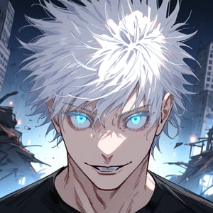 masterpiece, best quality, highly detailed, absurd, 1 child, rim lighting, Gojo Satoru, powerful sorcerer, tight black t-shirt, bright blue eyes, white hair, hair over one eye, standing, looking at viewer, constricted pupils, smile, portrait, parted lips, close-up, focus on face, hand sign, hand in front of face, destroyed buildings, night