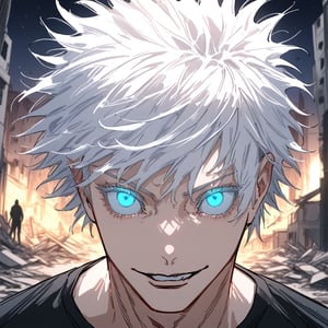 masterpiece, best quality, highly detailed, absurd, 1 child, rim lighting, Gojo Satoru, powerful sorcerer, tight black t-shirt, bright blue eyes, white hair, hair over one eye, standing, looking at viewer, constricted pupils, smile, portrait, parted lips, close-up, focus on face, hand sign, hand in front of face, destroyed buildings, night