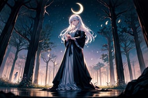 A serene forest glade bathed in soft lunar light. Aria, a mystical sorceress, stands before an ancient glowing tree, her silver hair flowing like a river of night sky. She extends a hand, palm upwards, to harness celestial forces. The black robe with silver constellations adorns her slender figure, while the moonstone necklace glows softly. In the foreground, a curious boyfriend and girlfriend, their faces aglow with wonder, approach Aria, hands clasped together in anticipation of the mystical encounter. Framing shot: Medium-wide angle, capturing the enchanting atmosphere and mystical energy surrounding Aria.