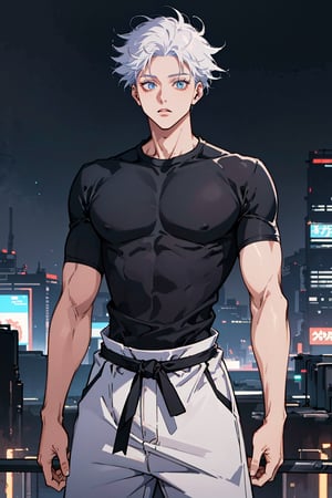 1 boy, edge light, Gojo Satoru, powerful sorcerer, tight black t-shirt, loose white pants, bright blue eyes, white hair, city background, Jujutsu Kaisen, mix of fantasy and realism, special effects, fantasy, ultra HD, HDR, 4K,Retro, style anime. Style jujutsu kaisen.,1guy