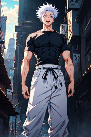 1 boy, edge light, Gojo Satoru, powerful sorcerer, tight black t-shirt, loose white pants, bright blue eyes, white hair, happy, city background, Jujutsu Kaisen, mix of fantasy and realism, special effects, fantasy, ultra HD, HDR, 4K,Retro, style anime. Style jujutsu kaisen. 