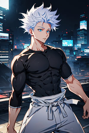 1 boy, edge light, Gojo Satoru, powerful sorcerer, tight black t-shirt, loose white pants, bright blue eyes, white hair, city background, Jujutsu Kaisen, mix of fantasy and realism, special effects, fantasy, ultra HD, HDR, 4K,Retro, style anime. Style jujutsu kaisen. 