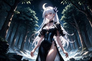 A serene forest glade bathed in soft lunar light. Aria, a mystical sorceress, stands before an ancient glowing tree, her silver hair flowing like a river of night sky. She extends a hand, palm upwards, to harness celestial forces. The black robe with silver constellations adorns her slender figure, while the moonstone necklace glows softly. In the foreground, a curious boyfriend and girlfriend, their faces aglow with wonder, approach Aria, hands clasped together in anticipation of the mystical encounter. Framing shot: Medium-wide angle, capturing the enchanting atmosphere and mystical energy surrounding Aria.