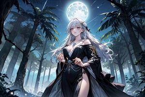 A serene forest glade bathed in soft lunar light. Aria, a mystical sorceress, stands before an ancient glowing tree, her silver hair flowing like a river of night sky. She extends a hand, palm upwards, to harness celestial forces. The black robe with silver constellations adorns her slender figure, while the moonstone necklace glows softly. In the foreground, a curious boyfriend and girlfriend, their faces aglow with wonder, approach Aria, hands clasped together in anticipation of the mystical encounter. Framing shot: Medium-wide angle, capturing the enchanting atmosphere and mystical energy surrounding Aria.