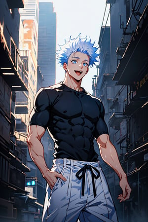 1 boy, edge light, Gojo Satoru, powerful sorcerer, tight black t-shirt, loose white pants, bright blue eyes, white hair, happy, city background, Jujutsu Kaisen, mix of fantasy and realism, special effects, fantasy, ultra HD, HDR, 4K,Retro