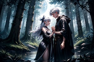 A serene forest glade bathed in soft lunar light. Aria, a mystical sorceress, stands before an ancient glowing tree, her silver hair flowing like a river of night sky. She extends a hand, palm upwards, to harness celestial forces. The black robe with silver constellations adorns her slender figure, while the moonstone necklace glows softly. In the foreground, a curious boyfriend and girlfriend, their faces aglow with wonder, approach Aria, hands clasped together in anticipation of the mystical encounter. Framing shot: Medium-wide angle, capturing the enchanting atmosphere and mystical energy surrounding Aria.