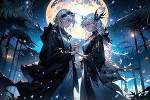 A serene forest glade bathed in soft lunar light. Aria, a mystical sorceress, stands before an ancient glowing tree, her silver hair flowing like a river of night sky. She extends a hand, palm upwards, to harness celestial forces. The black robe with silver constellations adorns her slender figure, while the moonstone necklace glows softly. In the foreground, a curious boyfriend and girlfriend, their faces aglow with wonder, approach Aria, hands clasped together in anticipation of the mystical encounter. Framing shot: Medium-wide angle, capturing the enchanting atmosphere and mystical energy surrounding Aria.