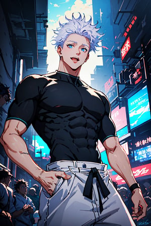 1 boy, edge light, Gojo Satoru, powerful sorcerer, tight black t-shirt, loose white pants, bright blue eyes, white hair, happy, city background, Jujutsu Kaisen, mix of fantasy and realism, special effects, fantasy, ultra HD, HDR, 4K,Retro