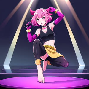 full body,((1girl,melodiebs,Melodie,solo)),focus on beatiful young idol girl:"(pink hair,hime cut+magenta bow with long ribbon end)",(expressive,seductive and mature,20 years old).clothes=(black_crop_top,yellow_skirt)".acessories:"fur stole,chocker,(magenta elbow gloves+Spike bracelet in hand), (choker+heart)", bare_feet, lifting one leg, soles focus, thighs, melodiebs. {Purple musical notes lively,like pokémons}. {Detailed anime style, vivid colors}, {concert stage, karaoke},{masterpiece, dynamic pose, ultra-detailed, soft lighting, 4k quality, refined, sharp, best_quality:1.3},1girl