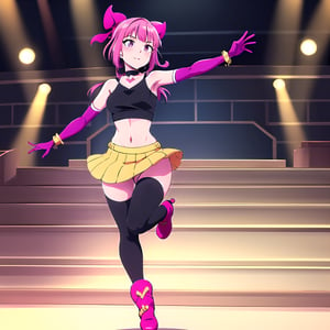 full body,((1girl,melodiebs,Melodie,solo)),focus on beatiful young idol girl:"(pink hair,hime cut+magenta bow with long ribbon end)",(expressive,seductive and mature,20 years old).clothes=(black_crop_top,yellow_skirt)".acessories:"fur stole,chocker,(magenta elbow gloves+Spike bracelet in hand), (choker+heart)", bare_feet, lifting one leg, soles focus, thighs, melodiebs. {Purple musical notes lively,like pokémons}. {Detailed anime style, vivid colors}, {concert stage, karaoke},{masterpiece, dynamic pose, ultra-detailed, soft lighting, 4k quality, refined, sharp, best_quality:1.3},1girl