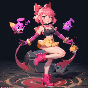 full body,((1girl,melodiebs,Melodie,solo)),focus on beatiful young idol girl:"(pink hair,hime cut+magenta bow with long ribbon end)",(expressive,seductive and mature,20 years old).clothes=(black_crop_top,yellow_skirt)".acessories:"fur stole,chocker,(magenta elbow gloves+Spike bracelet in hand), (choker+heart)", bare_feet, lifting one leg, thighs, melodiebs. {Purple musical notes lively,like pokémons}. {Detailed anime style, vivid colors}, {concert stage, karaoke},{masterpiece, dynamic pose, ultra-detailed, soft lighting, 4k quality, refined, sharp, best_quality:1.3},1girl,EnvyBeautyMix23