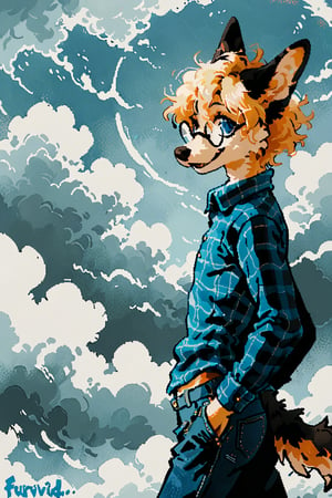 by furvidd, solo, arched back, slim waist, looking at viewer, smile, blue eyes, shirt, long sleeves, 1boy, animal ears, closed mouth, standing, tail, male focus, sky, glasses, collared shirt, pants, cloud, grey background, plaid, denim, dog ears, furry, dog tail, jeans, blue pants, furry male, body fur, plaid shirt, unmoving pattern, snout, dog boy, erecion under clothes, 