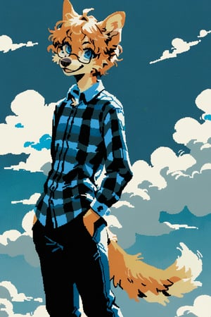 by furvidd, solo, arched back, slim waist, looking at viewer, smile, blue eyes, shirt, long sleeves, 1boy, animal ears, closed mouth, standing, tail, male focus, sky, glasses, collared shirt, pants, cloud, grey background, plaid, denim, dog ears, furry, dog tail, jeans, blue pants, furry male, body fur, plaid shirt, unmoving pattern, snout, dog boy, 