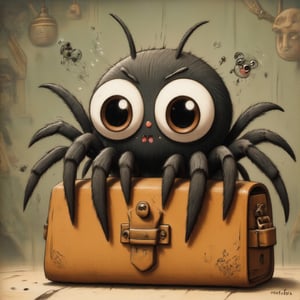 a fantasy illustration of a cute spider in a leather satchel. hairy body and legs. multiple spider eyes that convey a sense of interest and wonder. the spider would really like to be helpful, but isn't sure how. kawaii,ffstyle02