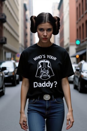  p3r1n, princess leia wearing black tshirt and jeans, walking down a new york street towards the viewer. Twin hair buns. (Short hair).No plait. No braid. On the front of her shirt is a portrait in white of Daryl Vader with his iconic black helmet. Above this portrait are the words "Who's Your", and below, the word "Daddy?" The words are in an clear bold font.