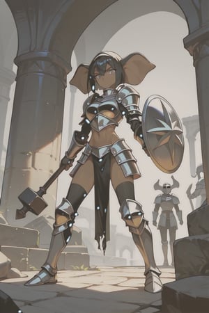 score_9, score_8_up, score_7_up, score_6_up, an elephant knight, 1girl, knight, elephant girl, thick, dark-skinned female, toned, heavy armor, shield, black hammer, looking at viewer, full body, on a stone bridge, grey eyes, black hair, serious, defensive stance