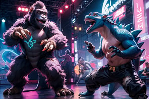 2guys, dance-off, dance competition, anthro gorilla, anthro lizard, neon background, Godzilla, dkong