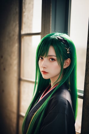 a Japanese ninja girl, long green hair, high quality, high resolution, high precision, realism, color correction, proper lighting settings, harmonious composition.