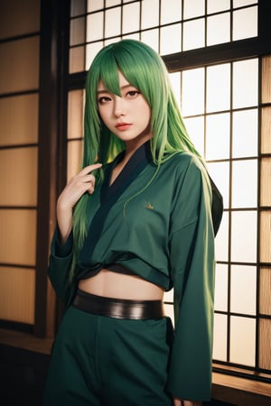 a Japanese ninja girl, long green hair, high quality, high resolution, high precision, realism, color correction, proper lighting settings, harmonious composition.