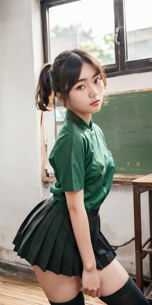 1girl, half body portrait, (age 13-16:1.4), gorgeous, (dynamic pose:0.8),studio lighting, white background, ((vietnamese teen top model)), bang, curly long hair, buns, heterochromia,,downblouse, ((twuniform)). ((green taiwan high school uniform))