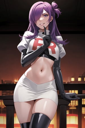 (best quality), (highly detailed), masterpiece, (official art), shez, purple_hair ,hair over one eye, lips,( evil smile), Team Rocket, (latex cloathes), (latex), cropped jacket, white jacket, crop top, jacket, latex gloves, latex black gloves, latex elbow gloves, navel, midriff, white skirt, miniskirt, skirt, long_ thigh_high_boots, looking down on viewer, china, asiática, city, night, sky, (intricately detailed, hyperdetailed), blurry background,depth of field, best quality, masterpiece, intricate details, tonemapping, sharp focus, hyper detailed, trending on Artstation,1 girl, high res, official art, ((fighting_stance)), fighting pose, fighting, wrestle