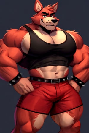 Male Muscular Foxy, (wearing a Black tank top and red shorts) (big pecs) (fnaf)