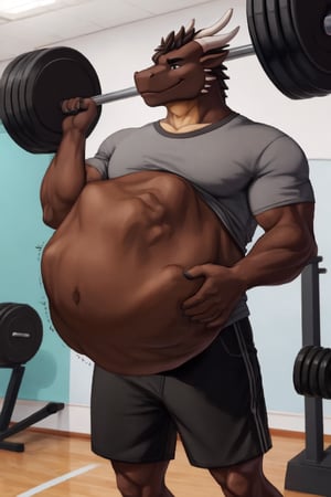 Male Muscular Dark brown dragon, (( wearing a gray t-shirt and black shorts)), at a gym,  (vore belly),  (lifting weights) , (Endo vore) (dark Brown belly) 