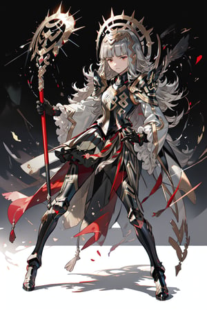 a spanish girl, long hair,silver hair,gold eyes,high quality, high resolution, high precision, realism, color correction, proper lighting settings, harmonious composition, girl, fantasy court red dress ,silver color,clear background, pure color background,black background,serious face,
holding staff,bra_veronica, armor,black armor, feathers,cape, closed mouth, black gloves, shoulder armor, breastplate, high heels, armored boots, black long sleeves, feather trim, white wide sleeves, gauntlets, , black dress, thighhighs, red pantyhose, greaves, black skirt, outdoors,(masterpiece, best quality, ultra-detailed, best shadow)