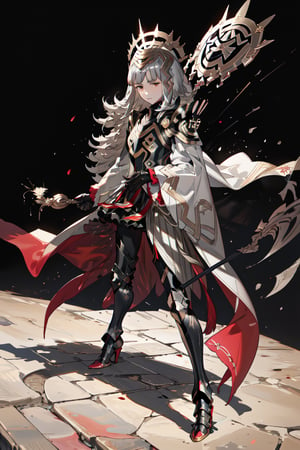 a spanish girl, long hair,silver hair,gold eyes,high quality, high resolution, high precision, realism, color correction, proper lighting settings, harmonious composition, girl, fantasy court red dress ,silver color,clear background, pure color background,black background,serious face,
holding staff,bra_veronica, armor,black armor, feathers,cape, closed mouth, black gloves, shoulder armor, breastplate, high heels, armored boots, black long sleeves, feather trim, white wide sleeves, gauntlets, , black dress, thighhighs, red pantyhose, greaves, black skirt, outdoors,(masterpiece, best quality, ultra-detailed, best shadow)