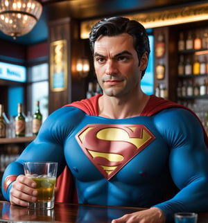 ((Clear 4K image, realistic and detailed comic book style.):1.3). | Superman is sitting in a bar, wearing his iconic hero outfit with the "S" emblem on his chest. He holds a glass of cachaça, smiling slightly as he looks into the glass. Around him are other patrons at the bar, some looking at him with wonder and curiosity. The atmosphere is cozy, with low lights and wooden decor. | Composition in a medium shot angle, emphasizing the imposing figure of Superman and the details of the bar. The camera follows his subtle movements as he holds the glass and looks around him. | Soft, moody lighting effects create a relaxing, laid-back atmosphere, while detailed textures on clothing and the environment add realism to the image. | Superman drinking cachaça in a bar, enjoying a moment of tranquility away from his responsibilities as a hero. | ((perfect anatomy, perfect body)), ((perfect_pose):1.5), ((more_than_one_pose, perfect_pose)), ((perfect fingers, better hands, perfect hands, perfect legs, perfect feet)), ((perfect design) ), ((correct errors):1.2), ((perfect composition)), ((very detailed scene, very detailed background, correct imperfections, perfect layout):1.2), ((More Detail, Enhance))