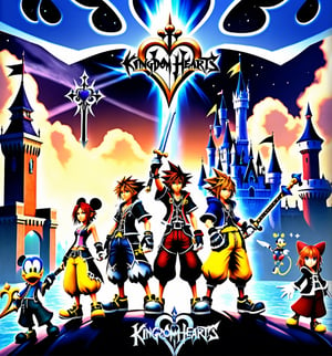 ((Exceptional UHD image, sharp and precise details. Style inspired by Kingdom Hearts 2, combining RPG and action-adventure elements.):1.3). | The game's cover features the main characters, Sora, Riku and Kairi, in dynamic and heroic poses, interacting with the Sword Keys and facing the Sinchoration Enemies. The setting is a mix of the different lands visited in the game, such as Meio City, Disney Castle and the Land of Dragons. | Three-dimensional and balanced composition, with emphasis on the characters and the game logo "Kingdom Hearts 2" at the top of the cover. | With cinematic lighting, particle effects and vibrant colors, the cover conveys a sense of adventure, friendship and the fight against dark forces. | Cover of the game Kingdom Hearts 2, featuring the main characters in action and the game logo. | ((perfect anatomy, perfect body)), ((more_than_one_pose, perfect_pose)), ((perfect fingers, better hands, perfect hands, perfect legs, perfect feet)), ((perfect design)), ((correct errors): 1.2), ((perfect composition)), ((very detailed scene, very detailed background, correct imperfections, perfect layout):1.2), ((More Detail, Enhance)).