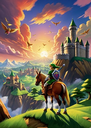 ((Masterpiece in maximum 16K resolution, with the art style inspired by "The Legend of Zelda: Ocarina of Time"). | The scene takes place in the majestic Hyrule Castle, with its tall towers and red and gold flags blowing in the wind. The sky is painted with shades of orange and pink, indicating the sunset. In the center of the image, the young hero Link is standing, holding the legendary Ocarina of Time in one hand and the Master Sword in the other. He looks determinedly towards the horizon, ready to face the challenges that await him. Around him, the game's other characters, including Princess Zelda, the wise Impa, the mysterious Sheik and the loyal Epona, join him on his journey . Above them, the logo for the game "The Legend of Zelda: Ocarina of Time" shines in gold and green. | The composition of the image follows the Rule of Thirds, with Hyrule Castle occupying a third of the image on the left and Link and the other characters in the center.The camera angle is slightly low, giving a sense of grandeur to the scene. | The cinematic lighting effect is used to enhance the beauty of the sunset and create a dramatic contrast between the light and dark areas of the image. | The theme is the cover of the game "The Legend of Zelda: Ocarina of Time", showing the hero Link and the other characters from the game at a decisive moment in the story, with the game's logo above them. | (((perfect composition, perfect design, perfect layout, correct imperfections))), ((Add more detail, More Detail, Enhance)),more detail XL,Enhanced All