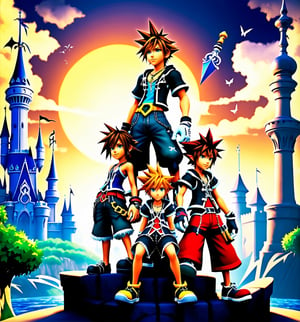 ((Exceptional UHD image, sharp and precise details. Style inspired by Kingdom Hearts 2, combining RPG and action-adventure elements.):1.3). | The game's cover features the main characters, Sora, Riku and Kairi, in dynamic and heroic poses, interacting with the Sword Keys and facing the Sinchoration Enemies. The setting is a mix of the different lands visited in the game, such as Meio City, Disney Castle and the Land of Dragons. | Three-dimensional and balanced composition, with emphasis on the characters and the game logo "Kingdom Hearts 2" at the top of the cover. | With cinematic lighting, particle effects and vibrant colors, the cover conveys a sense of adventure, friendship and the fight against dark forces. | Cover of the game Kingdom Hearts 2, featuring the main characters in action and the game logo. | ((perfect anatomy, perfect body)), ((more_than_one_pose, perfect_pose)), ((perfect fingers, better hands, perfect hands, perfect legs, perfect feet)), ((perfect design)), ((correct errors): 1.2), ((perfect composition)), ((very detailed scene, very detailed background, correct imperfections, perfect layout):1.2), ((More Detail, Enhance)).