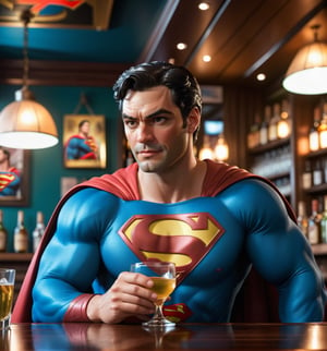 ((Clear 4K image, realistic and detailed comic book style.):1.3). | Superman is sitting in a bar, wearing his iconic hero outfit with the "S" emblem on his chest. He holds a glass of cachaça, smiling slightly as he looks into the glass. Around him are other patrons at the bar, some looking at him with wonder and curiosity. The atmosphere is cozy, with low lights and wooden decor. | Composition in a medium shot angle, emphasizing the imposing figure of Superman and the details of the bar. The camera follows his subtle movements as he holds the glass and looks around him. | Soft, moody lighting effects create a relaxing, laid-back atmosphere, while detailed textures on clothing and the environment add realism to the image. | Superman drinking cachaça in a bar, enjoying a moment of tranquility away from his responsibilities as a hero. | ((perfect anatomy, perfect body)), ((perfect_pose):1.5), ((more_than_one_pose, perfect_pose)), ((perfect fingers, better hands, perfect hands, perfect legs, perfect feet)), ((perfect design) ), ((correct errors):1.2), ((perfect composition)), ((very detailed scene, very detailed background, correct imperfections, perfect layout):1.2), ((More Detail, Enhance))