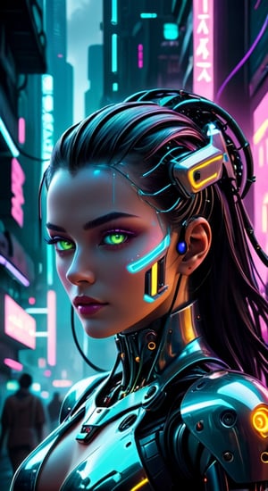 SeaPronts:

((Image in 4K resolution, cyberpunk style, with a focus on sharp details, neon colors and metallic textures)). | A robot woman with a fully mechanical body and face, displaying an elegant and aerodynamic design. Her eyes glow with neon light, while her facial expressions are suggested by subtle movements of the metal plates that make up her face. Her body is slender and strong, with polished metal elements, exposed cables and wires, highlighting the cyberpunk aesthetic. | The background features a futuristic urban setting, with skyscrapers covered in neon, advertising holograms and fine rain that creates a shine on damp surfaces. The atmosphere is thick and eerie, with clouds of smog hovering between the buildings. | Camera angle in slightly low perspective, highlighting the imposing presence of the robot woman and the majesty of the cyberpunk setting. | Lighting effects with neon colors and deep shadows, to accentuate the contrast between the artificial beauty and the darkness of the environment. | A cyberpunk-style robot woman, representing the fusion of advanced technology and humanity in a stunning, futuristic world. | ((perfect_composition, perfect_design, perfect_layout, perfect_detail, ultra_detailed)), ((enhance_all, fix_everything)), More Detail, Enhance.