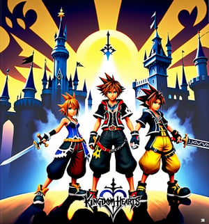 ((Exceptional UHD image, sharp and precise details. Style inspired by Kingdom Hearts 2, combining RPG and action-adventure elements.):1.3). | The game's cover features the main characters, Sora, Riku and Kairi, in dynamic and heroic poses, interacting with the Sword Keys and facing the Sinchoration Enemies. The setting is a mix of the different lands visited in the game, such as Meio City, Disney Castle and the Land of Dragons. | Three-dimensional and balanced composition, with emphasis on the characters and the game logo "Kingdom Hearts 2" at the top of the cover. | With cinematic lighting, particle effects and vibrant colors, the cover conveys a sense of adventure, friendship and the fight against dark forces. | Cover of the game Kingdom Hearts 2, featuring the main characters in action and the game logo. | ((perfect anatomy, perfect body)), ((more_than_one_pose, perfect_pose)), ((perfect fingers, better hands, perfect hands, perfect legs, perfect feet)), ((perfect design)), ((correct errors): 1.2), ((perfect composition)), ((very detailed scene, very detailed background, correct imperfections, perfect layout):1.2), ((More Detail, Enhance)).