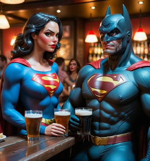 ((Ultra-detailed 4K image, realistic and vibrant comic book style.):1.3). | Superman and Batman are sitting side by side in a bar full of women, holding beers and chatting animatedly. They wear their iconic hero outfits, with the "S" emblem on Superman's chest and the bat symbol on Batman's chest. The surrounding women look at them with admiration and interest, while the atmosphere is lively and full of energy. | Medium shot angled composition, emphasizing the imposing figures of Superman and Batman and the details of the bar. The camera follows their movements and facial expressions as they interact with each other and the women around them. | Vibrant, colorful lighting effects create a lively, fun atmosphere, while detailed textures on clothing and the environment add realism to the image. | Superman and Batman drinking beer in a bar full of women, enjoying a moment of leisure and fun away from their responsibilities as heroes. | ((perfect anatomy, perfect body)), ((perfect_pose):1.5), ((more_than_one_pose, perfect_pose)), ((perfect fingers, better hands, perfect hands, perfect legs, perfect feet)), ((perfect design) ), ((correct errors):1.2), ((perfect composition)), ((very detailed scene, very detailed background, correct imperfections, perfect layout):1.2), ((More Detail, Enhance)).