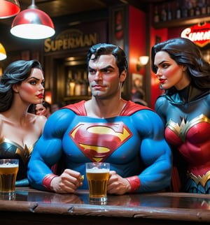 ((Ultra-detailed 4K image, realistic and vibrant comic book style.):1.3). | ((Superman and Batman)) are sitting side by side in a bar full of women, holding beers and chatting animatedly. They wear their iconic hero outfits, with the "S" emblem on Superman's chest and the bat symbol on Batman's chest. The surrounding women look at them with admiration and interest, while the atmosphere is lively and full of energy. | Medium shot angled composition, emphasizing the imposing figures of Superman and Batman and the details of the bar. The camera follows their movements and facial expressions as they interact with each other and the women around them. | Vibrant, colorful lighting effects create a lively, fun atmosphere, while detailed textures on clothing and the environment add realism to the image. | Superman and Batman drinking beer in a bar full of women, enjoying a moment of leisure and fun away from their responsibilities as heroes. | ((perfect anatomy, perfect body)), ((perfect_pose):1.5), ((more_than_one_pose, perfect_pose)), ((perfect fingers, better hands, perfect hands, perfect legs, perfect feet)), ((perfect design) ), ((correct errors):1.2), ((perfect composition)), ((very detailed scene, very detailed background, correct imperfections, perfect layout):1.2), ((More Detail, Enhance)).