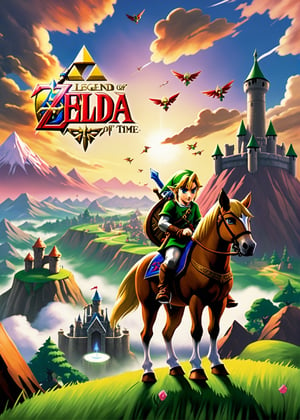 ((Masterpiece in maximum 16K resolution, with the art style inspired by "The Legend of Zelda: Ocarina of Time"). | The scene takes place in the majestic Hyrule Castle, with its tall towers and red and gold flags blowing in the wind. The sky is painted with shades of orange and pink, indicating the sunset. In the center of the image, the young hero Link is standing, holding the legendary Ocarina of Time in one hand and the Master Sword in the other. He looks determinedly towards the horizon, ready to face the challenges that await him. Around him, the game's other characters, including Princess Zelda, the wise Impa, the mysterious Sheik and the loyal Epona, join him on his journey . Above them, the logo for the game "The Legend of Zelda: Ocarina of Time" shines in gold and green. | The composition of the image follows the Rule of Thirds, with Hyrule Castle occupying a third of the image on the left and Link and the other characters in the center.The camera angle is slightly low, giving a sense of grandeur to the scene. | The cinematic lighting effect is used to enhance the beauty of the sunset and create a dramatic contrast between the light and dark areas of the image. | The theme is the cover of the game "The Legend of Zelda: Ocarina of Time", showing the hero Link and the other characters from the game at a decisive moment in the story, with the game's logo above them. | (((perfect composition, perfect design, perfect layout, correct imperfections))), ((Add more detail, More Detail, Enhance)),more detail XL,Enhanced All