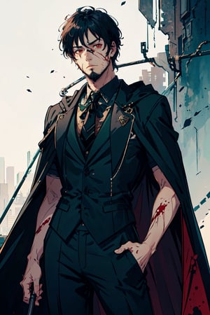 (-_-)masterpiece ,1man,blood on face,red eyes,thin beard,ambient light,short hair,serious face expression,green tuxedo,black anklepants,half cape,dark art,holding cane , dark skin