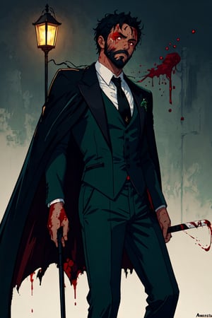 (-_-)masterpiece ,1man,blood on face,red eyes,thin beard,ambient light,short hair,serious face expression,green tuxedo,black anklepants,half cape,dark art,holding cane , dark skin